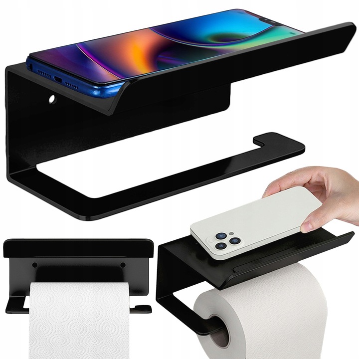 Uchwyt na papier toaletowy z półką – wieszak samoprzylepny czarny loft wc - obrazek 2