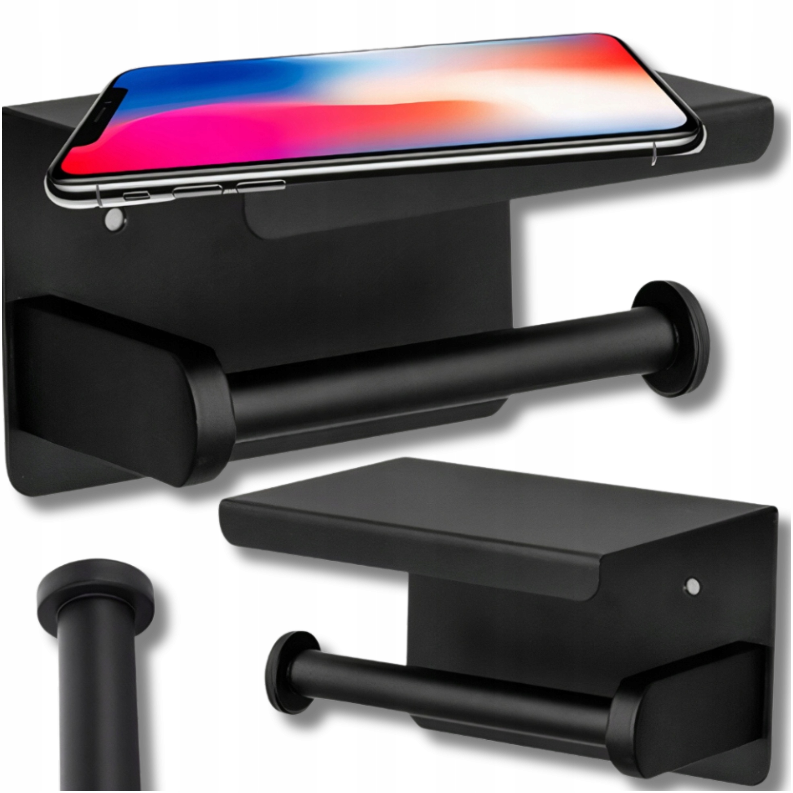 Uchwyt na papier toaletowy z półką – wieszak samoprzylepny czarny loft wc